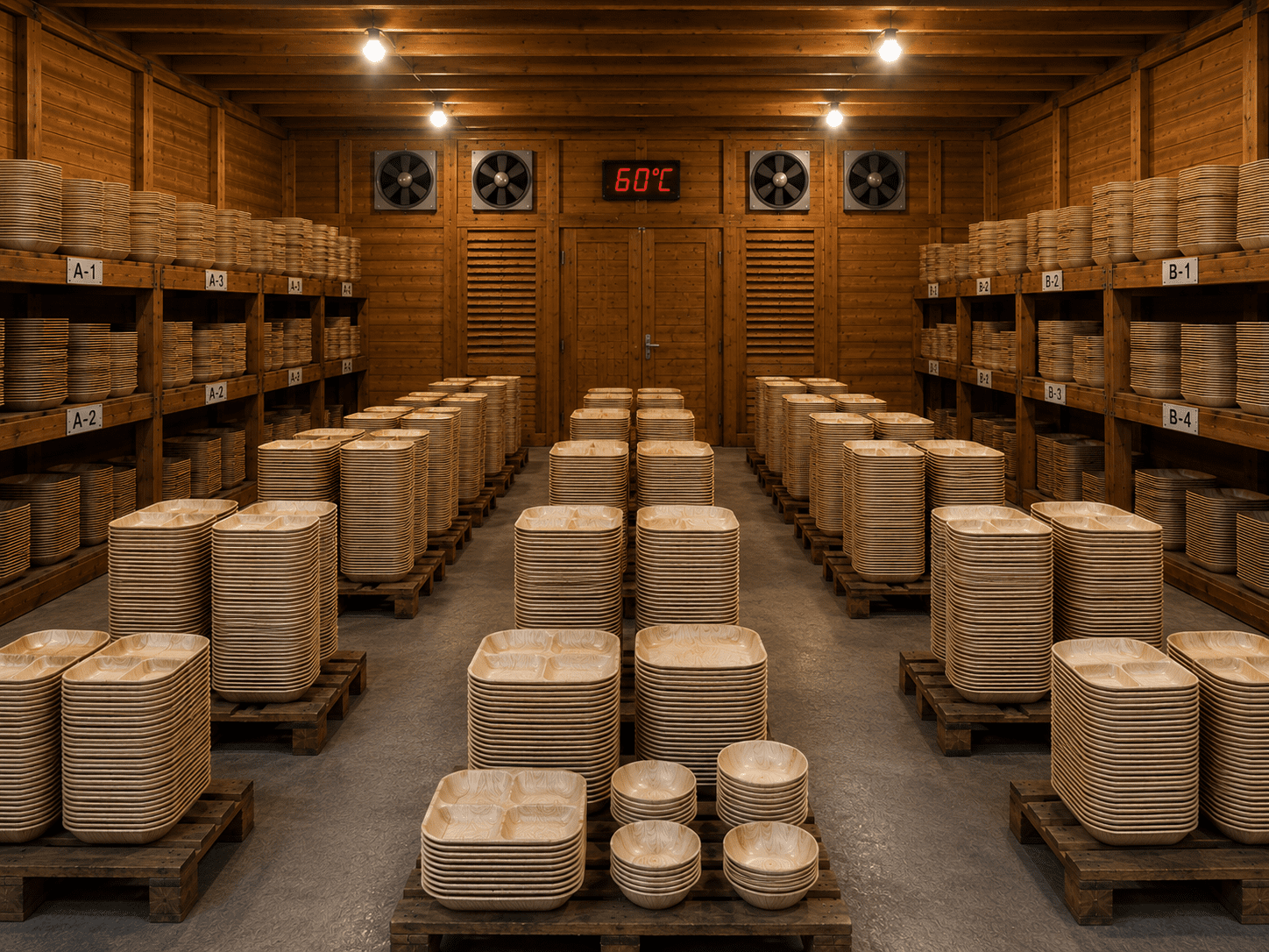 60°C industrial drying chamber at Ecodyne's Manjeshwar facility — palm leaf plates and bowls cured to drive out residual moisture and prevent mould in transit