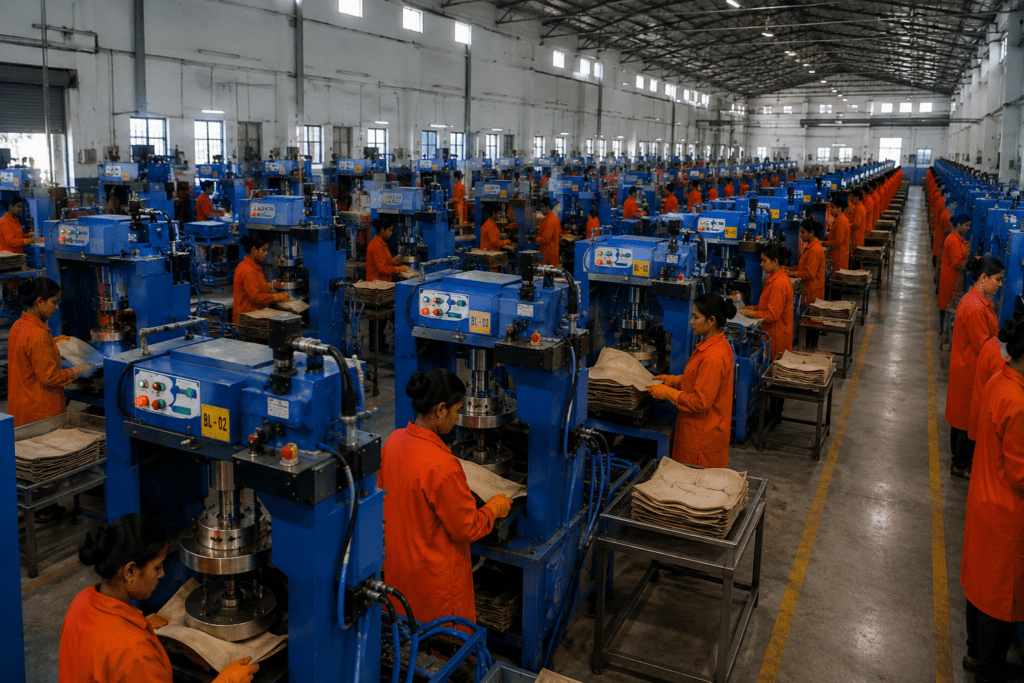 Palm leaf pressing temperature — Ecodyne 200°C heated die with thermocouple sensors on Karnataka factory floor
