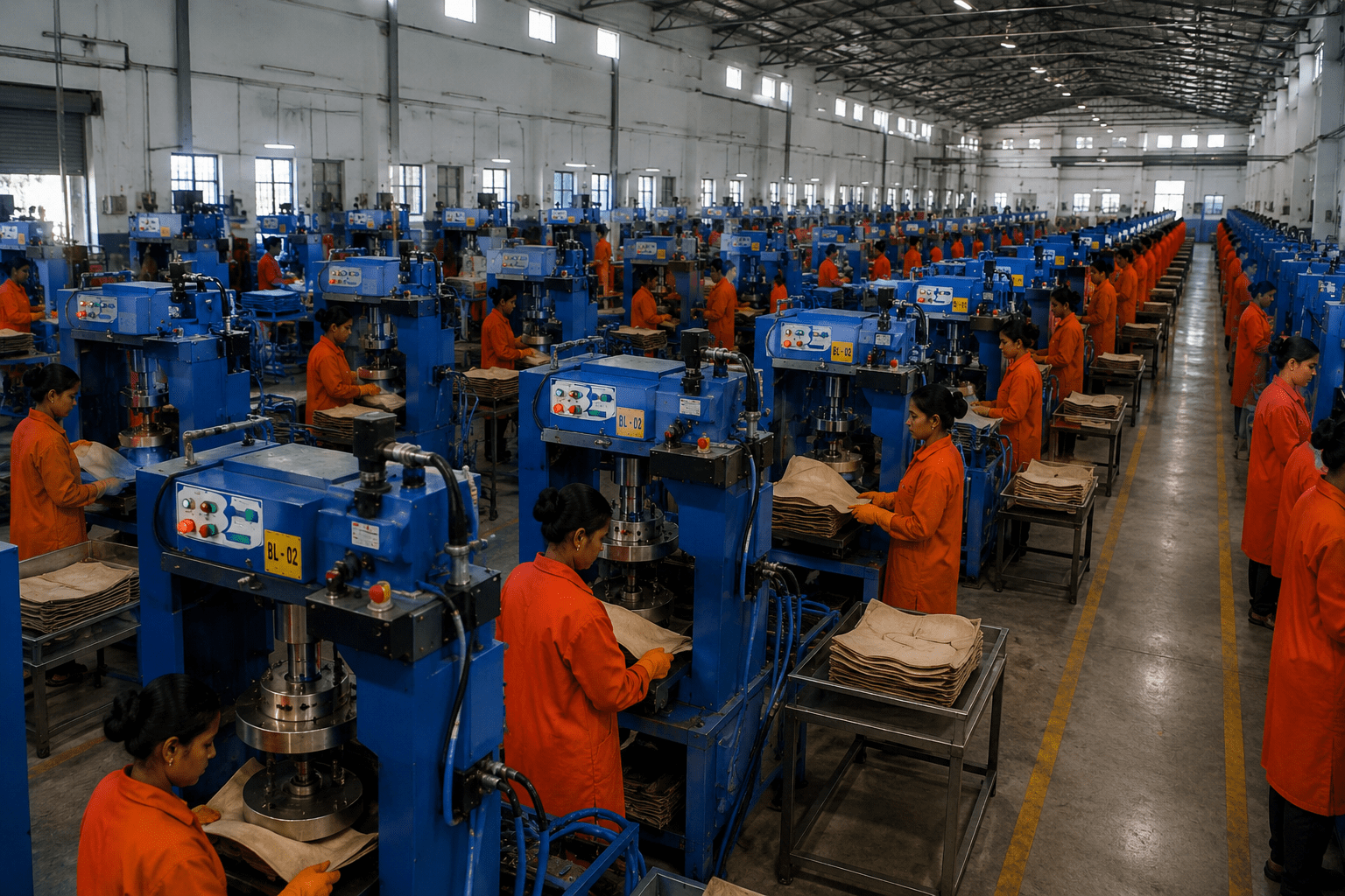 Ecodyne palm leaf plate manufacturing facility — rows of CNC hydraulic presses operated by workers across the 200,000 sq ft Karnataka factory floor
