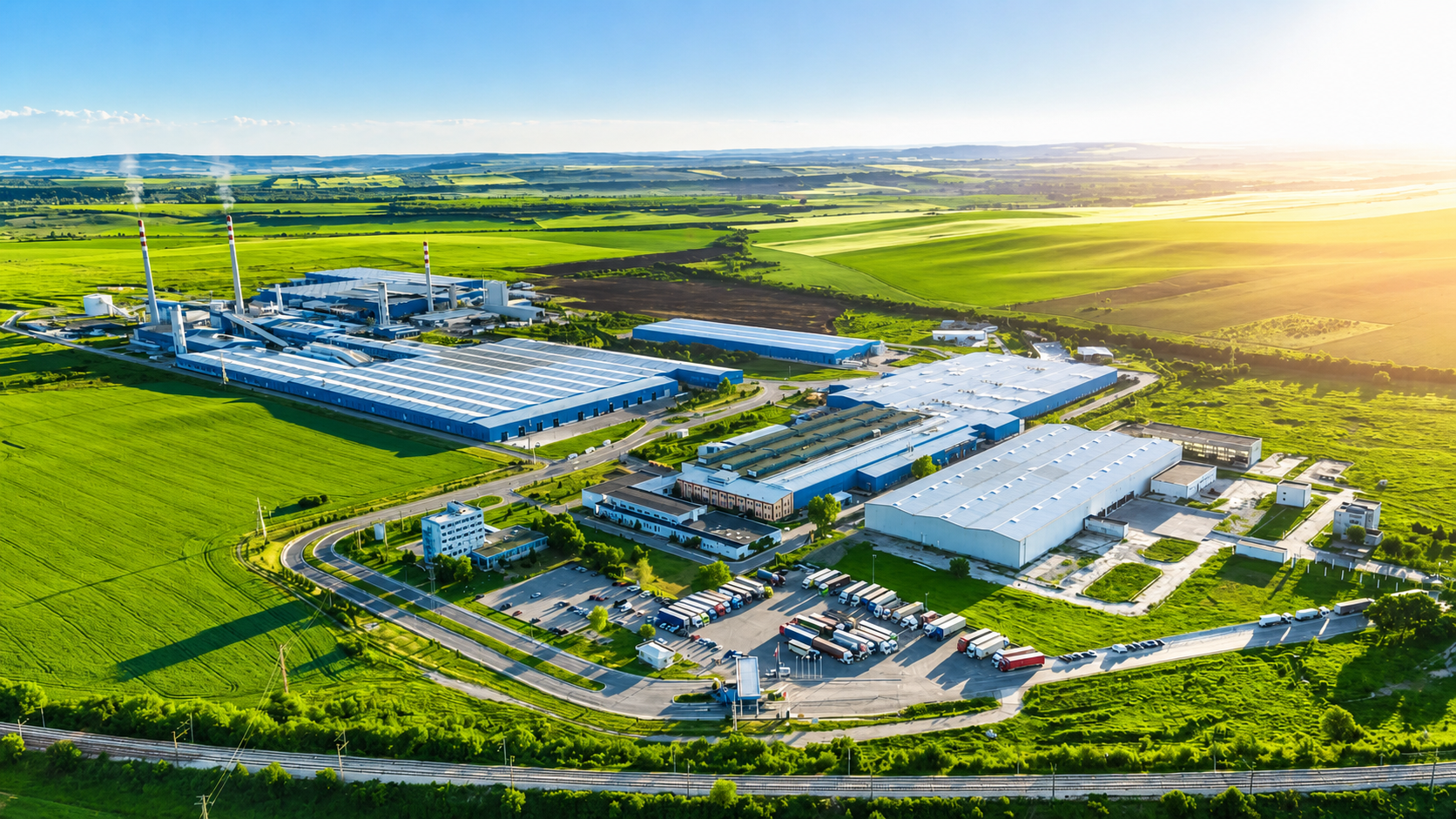 Palm leaf plates manufacturer exporter — Ecodyne Tableware aerial view of 100% solar-powered Karnataka facility producing 4.5M units per month