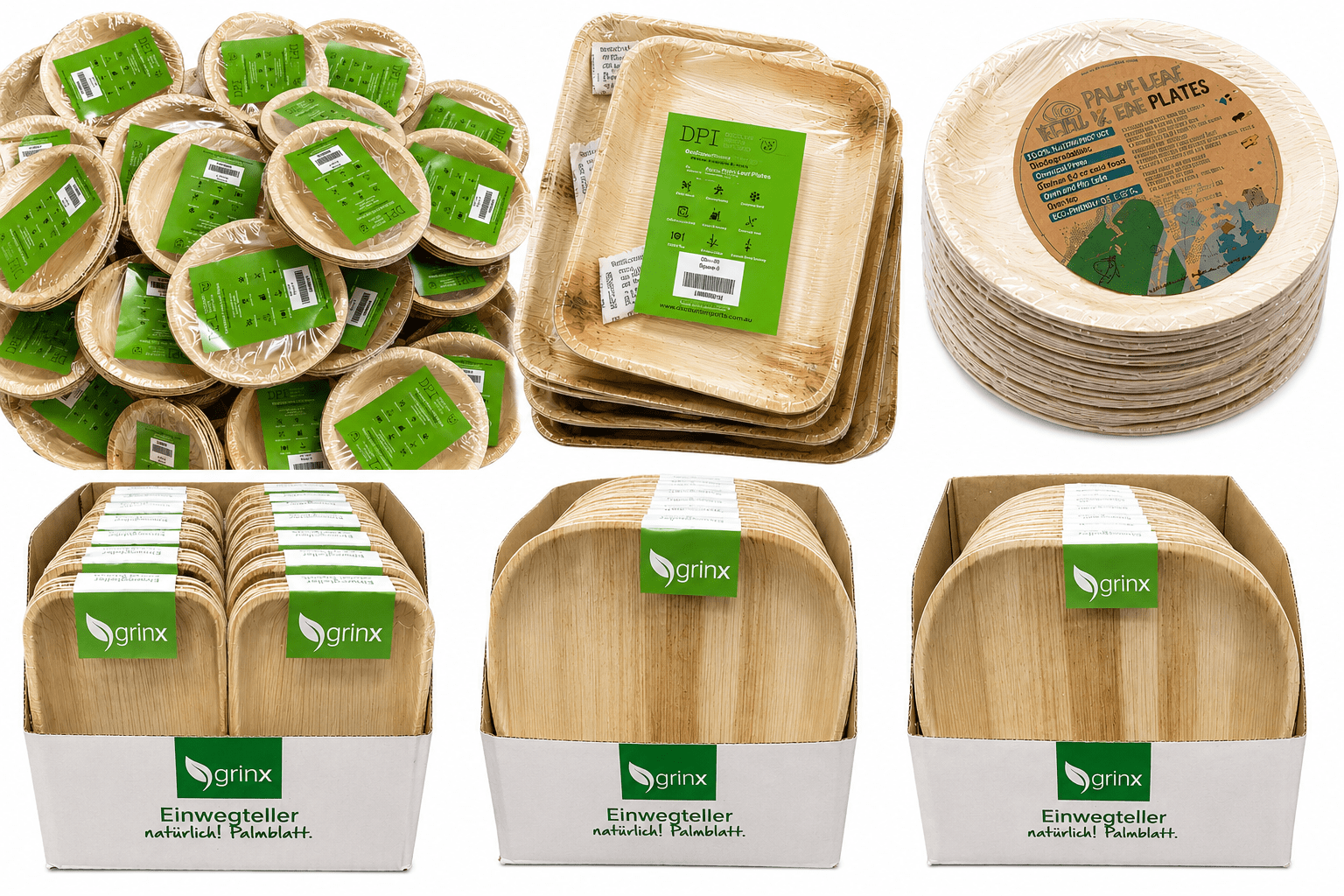 Private label palm leaf plates packaging examples — custom-branded retail boxes (grinx), shrink-wrapped bowls, and bulk-packed square plates (DPI brand) manufactured by Ecodyne Tableware for B2B OEM importers
