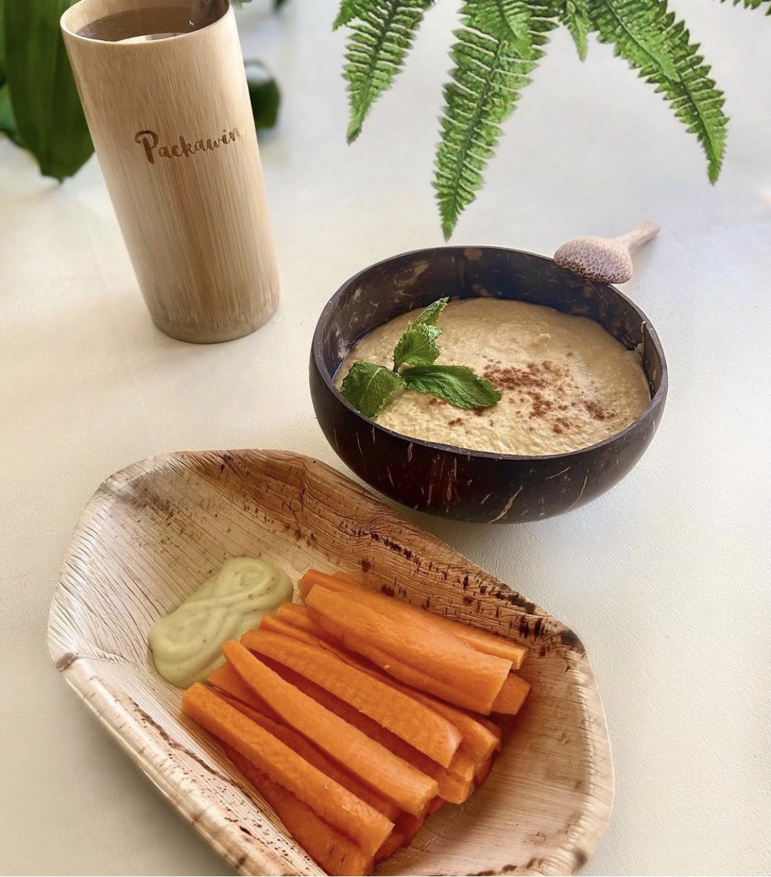 Areca palm leaf plates and bowls in lifestyle picnic service — salad, fresh fruit platter, and wrap rolls plated for outdoor dining, illustrating Ecodyne wholesale tableware in real HoReCa use for Swedish distributors and event caterers