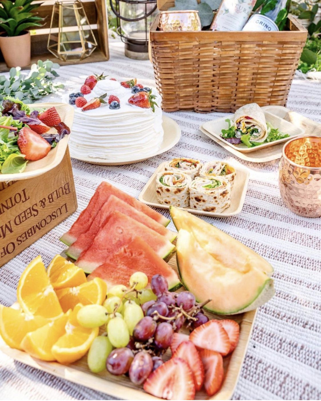 Areca palm leaf plates and bowls in lifestyle picnic service — salad, fresh fruit platter, and wrap rolls plated for outdoor dining, illustrating Ecodyne wholesale tableware in real HoReCa use for Australian distributors and event caterers