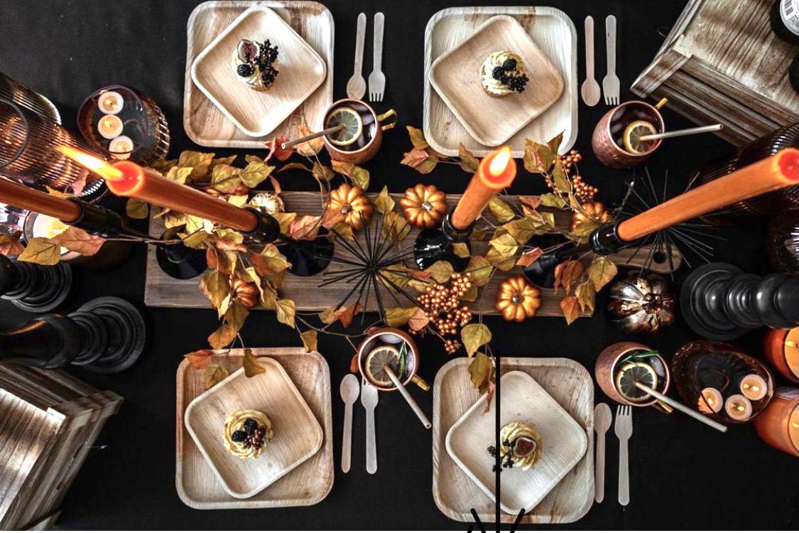 Autumn tablescape with Ecodyne palm leaf plates for British HoReCa and event catering distributors