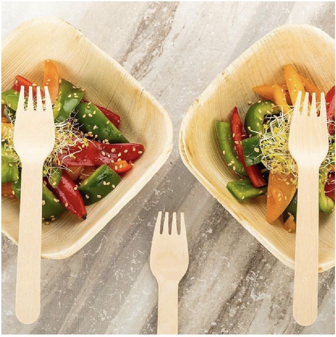 Areca palm leaf plates and bowls in lifestyle picnic service — salad, fresh fruit platter, and wrap rolls plated for outdoor dining, illustrating Ecodyne wholesale tableware in real HoReCa use for UAE distributors and event caterers