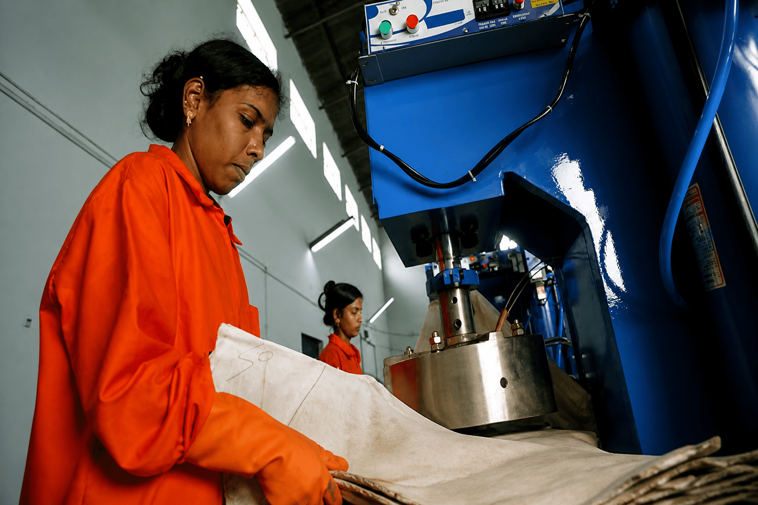 Ecodyne Tableware worker shaping a palm leaf plate at the Karnataka manufacturing facility
