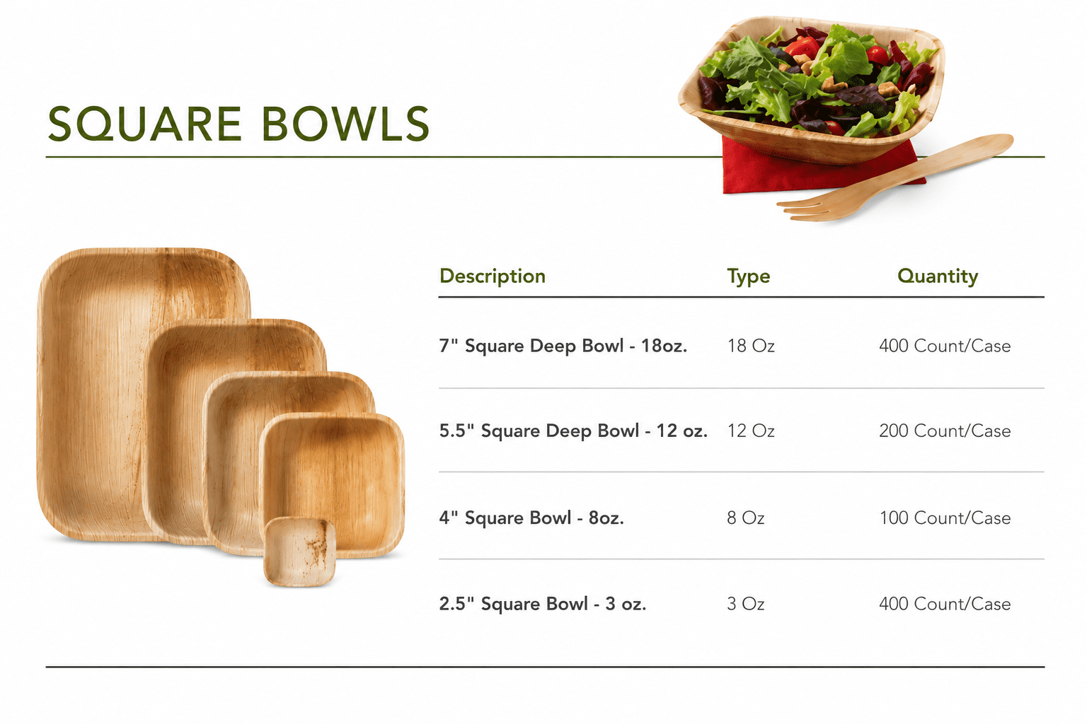 palm leaf bowls wholesale — square shape family, 2.5 to 7 inch sizes — Ecodyne wholesale tableware manufacturer