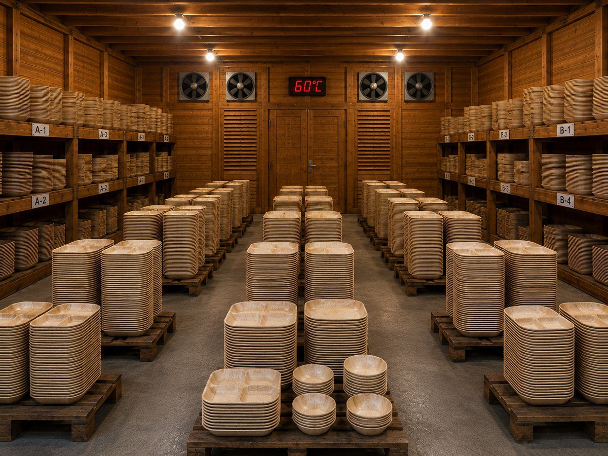 Ecodyne 60-degree Celsius industrial drying chamber where freshly pressed palm leaf plates undergo a 24-hour post-press dry cycle to eliminate residual moisture and prevent mould growth