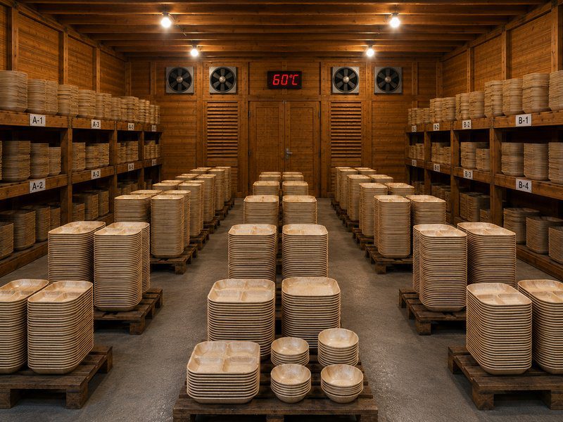 Industrial drying palm leaf plates at 60°C — Ecodyne industrial drying chamber holding ~150,000 pressed plates per 24-hour dwell cycle