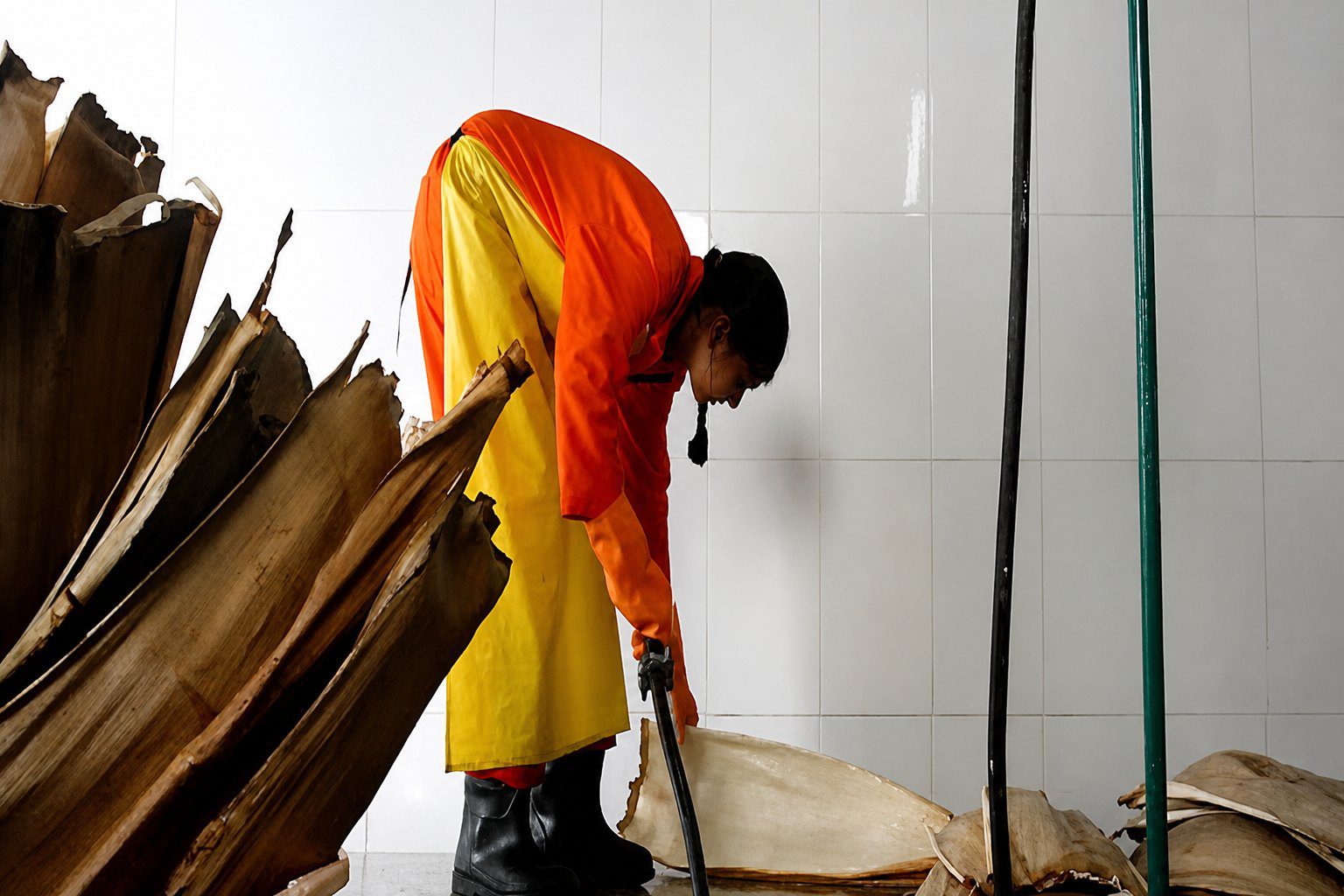 Ecodyne worker handling stacked raw areca palm leaves at the Karnataka manufacturing facility