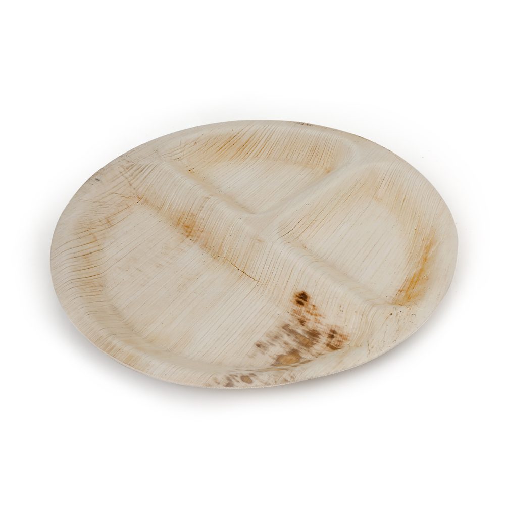 Compartment Plates Wholesale — 10 inch round 3 compartment palm leaf plate — Ecodyne wholesale compartment plates manufacturer India