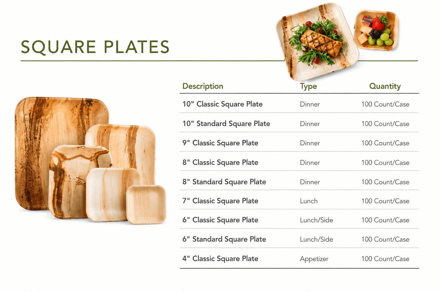 Square palm leaf plates family — 4″ to 10″ square wholesale