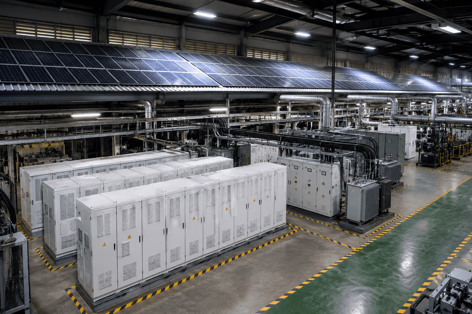 Industrial solar power infrastructure at Ecodyne palm leaf manufacturing facility — rooftop solar panel array overhead, banks of solar inverter and switchgear cabinets, power transformer, Karnataka, India