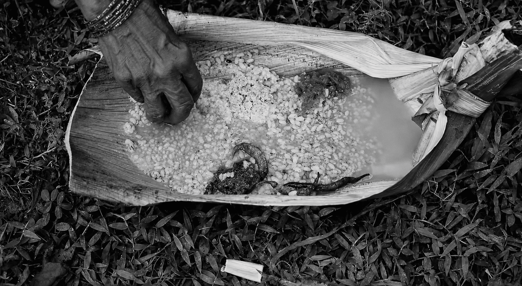 Rice and curry served on a folded leaf plate in India