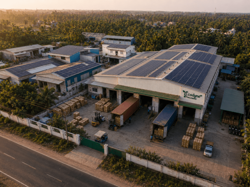 Ecodyne Karnataka facility aerial — 100% solar manufacturing, container loading bays, palm-grove surroundings near Mangalore Port India