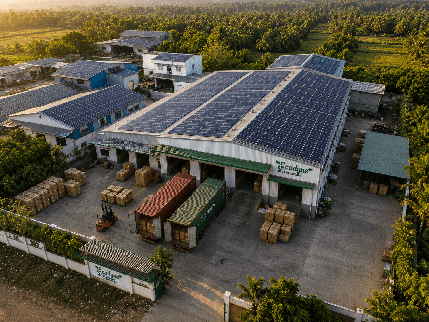 Aerial overhead view of the Ecodyne Tableware Karnataka manufacturing facility — extensive rooftop solar photovoltaic array across the main production building, two shipping containers at the loading docks being filled with palletised export cartons, forklift in operation, Ecodyne Tableware branded shed and signage, surrounded by areca palm groves at golden hour.