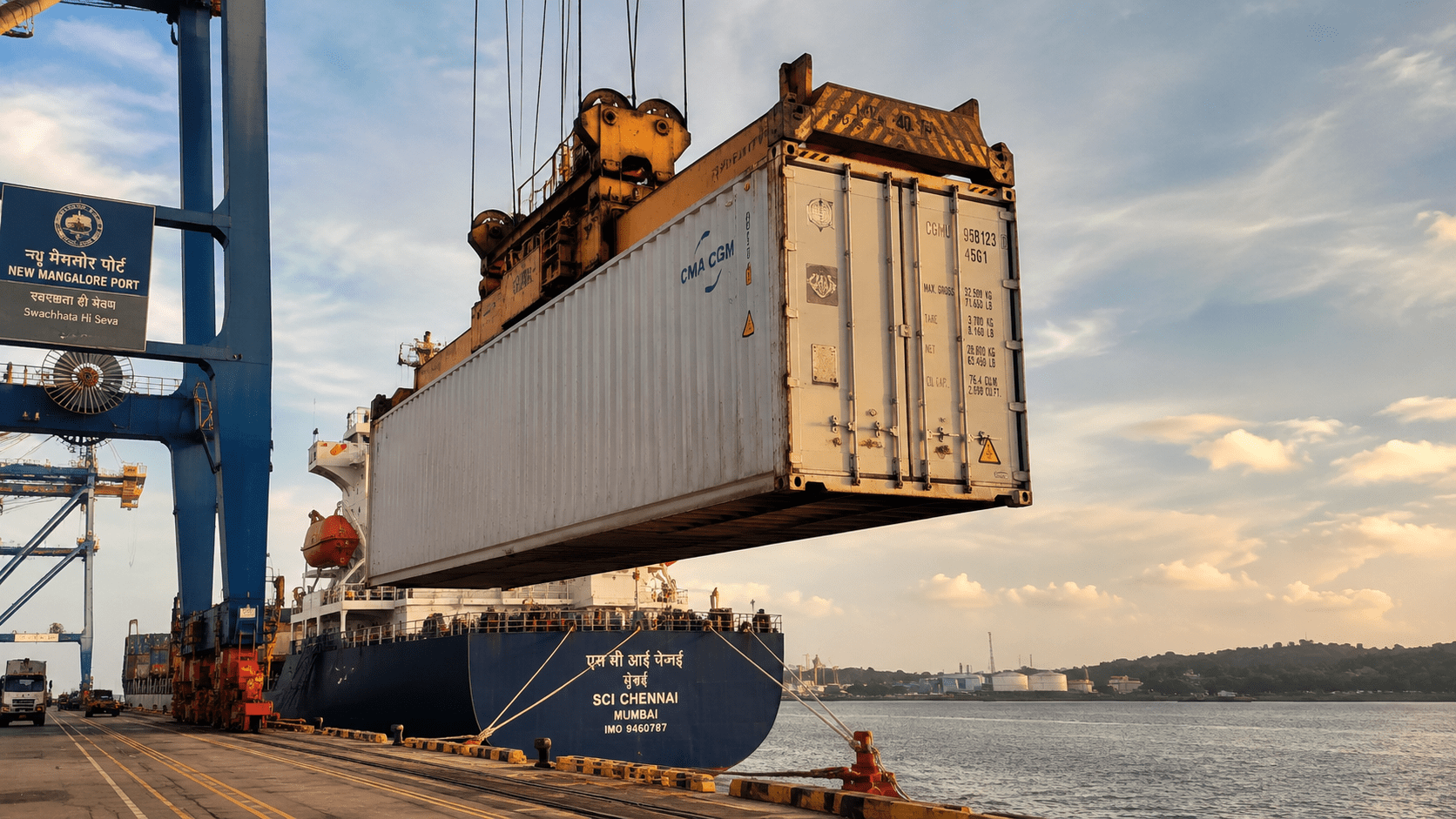 Ship-to-shore gantry crane lifting an Ecodyne palm leaf plates export container onto a vessel at New Mangalore Port for shipment to international importers.