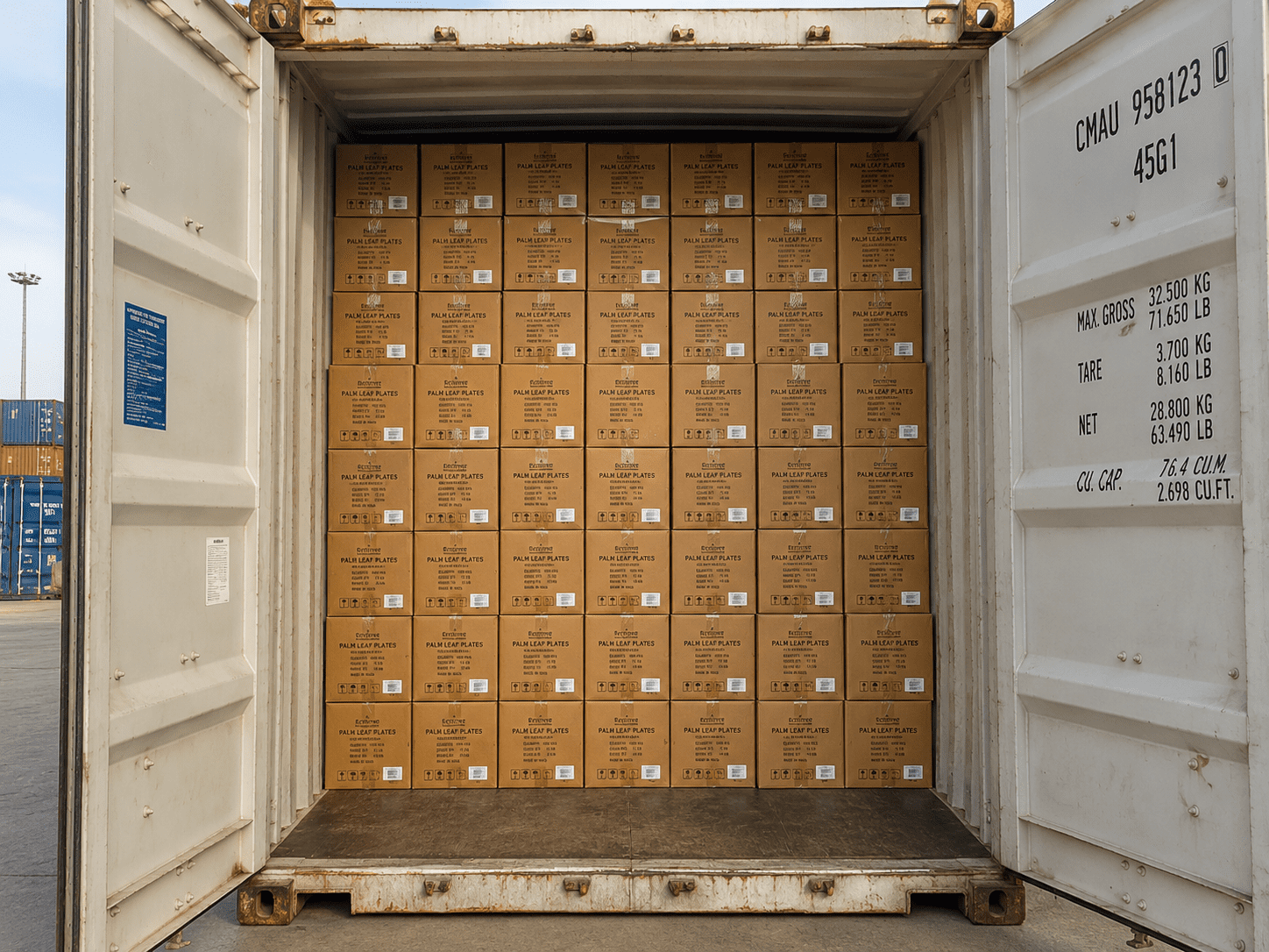 Interior of a fully loaded 40-foot container packed with palletised cartons of Ecodyne palm leaf plates, ready for export dispatch from the Karnataka facility.