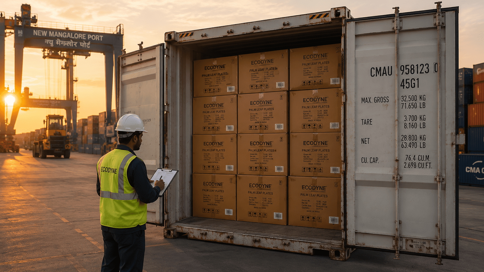 Ecodyne quality inspector in hi-vis checking a fully loaded 40-foot export container of palm leaf plates at New Mangalore Port before international dispatch.