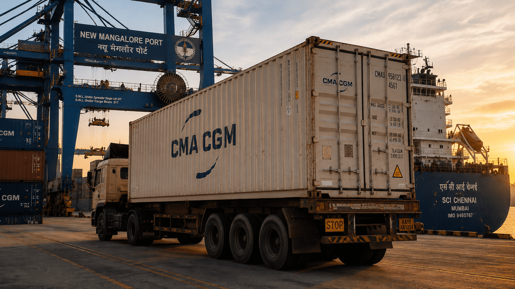HSN code 4602 customs classification for palm leaf plates — export container loading at New Mangalore Port, Karnataka, India