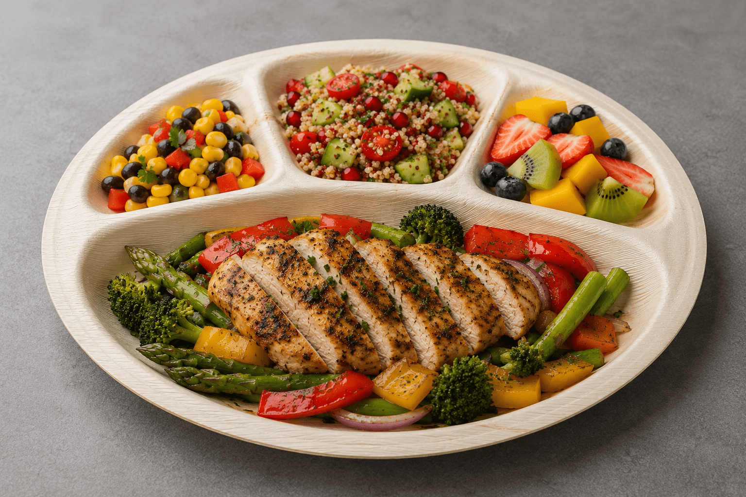 Palm leaf compartment plates wholesale — Ecodyne 2CP 3CP 4CP 5CP formats for HoReCa, school meal programmes, airline catering and traditional thali service, LFGB certified