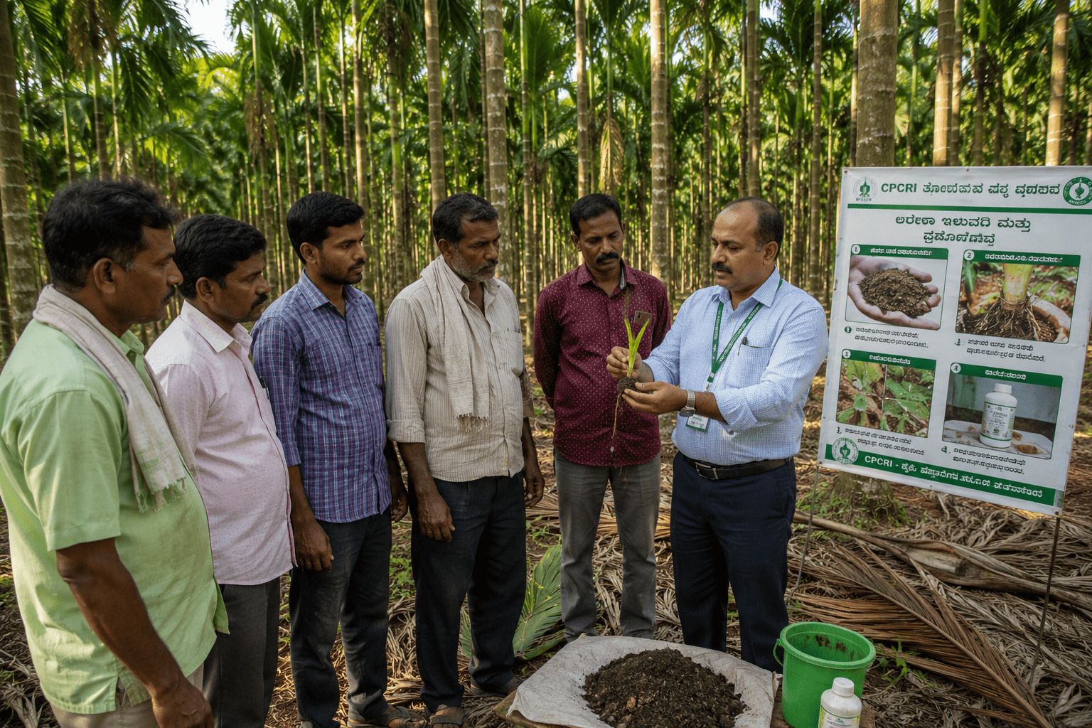 ICAR-CPCRI Vittal scientist demonstrating organic nutrient management to partner farmers in an areca palm grove — the seven-year palm leaf organic farming programme covering approximately 810 farming families across four Karnataka districts, effective 2 February 2019.