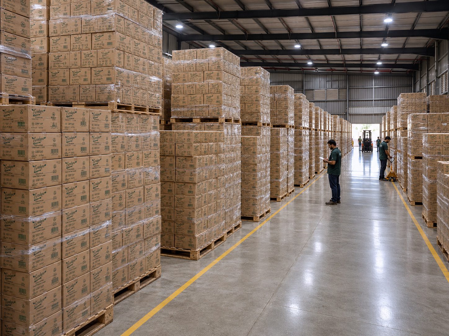 Ecodyne warehouse aisle stacked with branded, export-ready palm leaf tableware cartons during a quality-control check inside the ISO 9001:2015-certified facility in Karnataka
